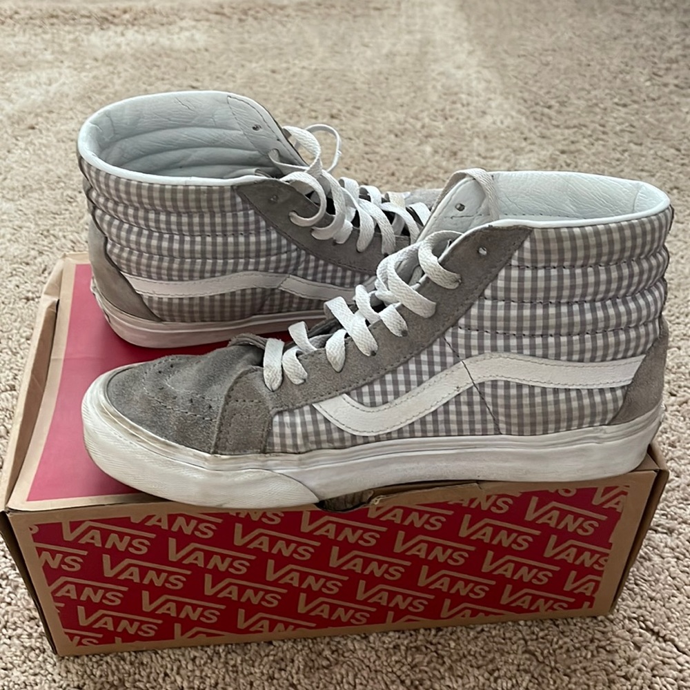 Grey check board high top vans